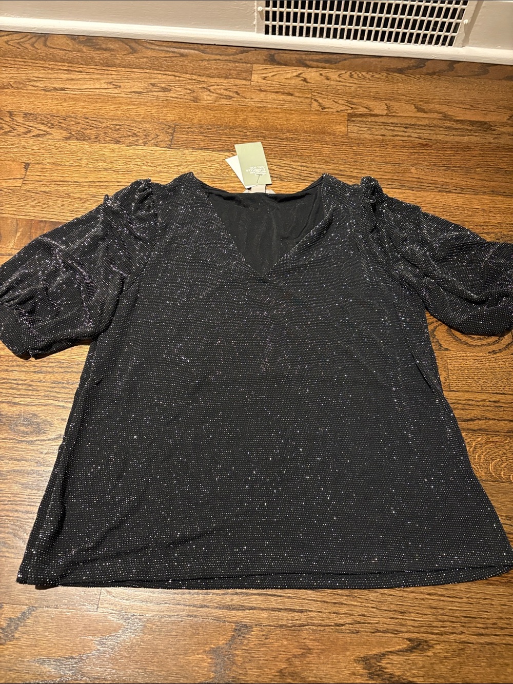 Black sparkle party top puff sleeve v-neck
